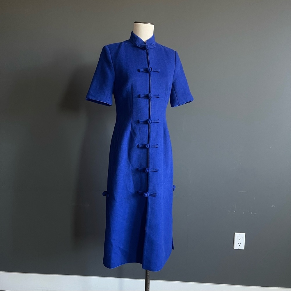 Vintage Cobalt Blue Mandarin Collar Toggle Front Midi Dress Qipaos Cheongsams